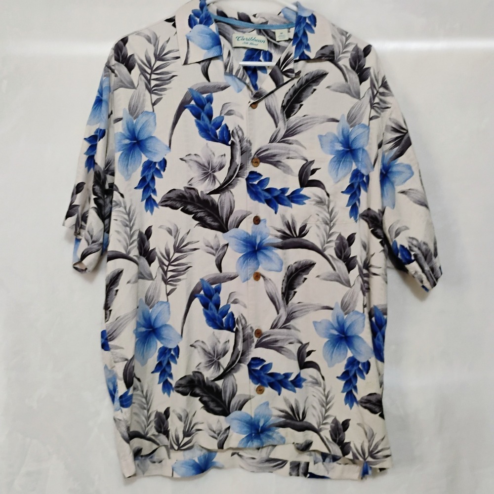 Caribbean Silk Blend Tropical Floral Shirt Mens Medium Blue Grey Short Sleeve X